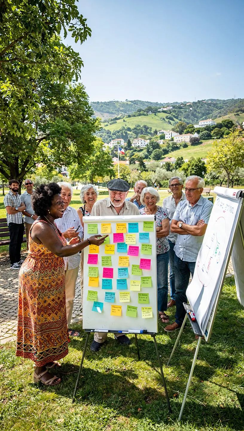 Discussões em grupo sobre coaching de aposentadoria.