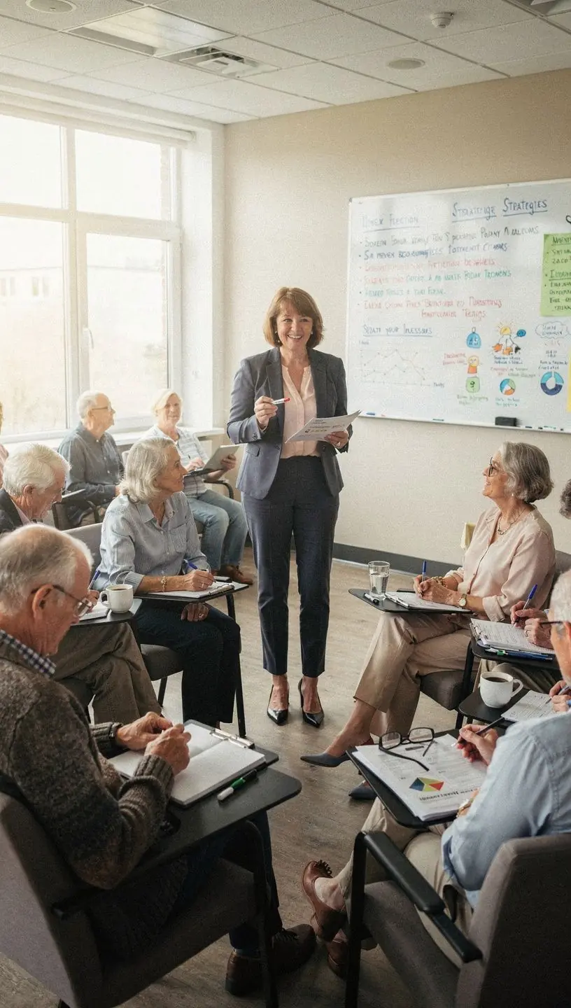 Praticante de mindfulness em grupo durante reunião de aposentadoria.